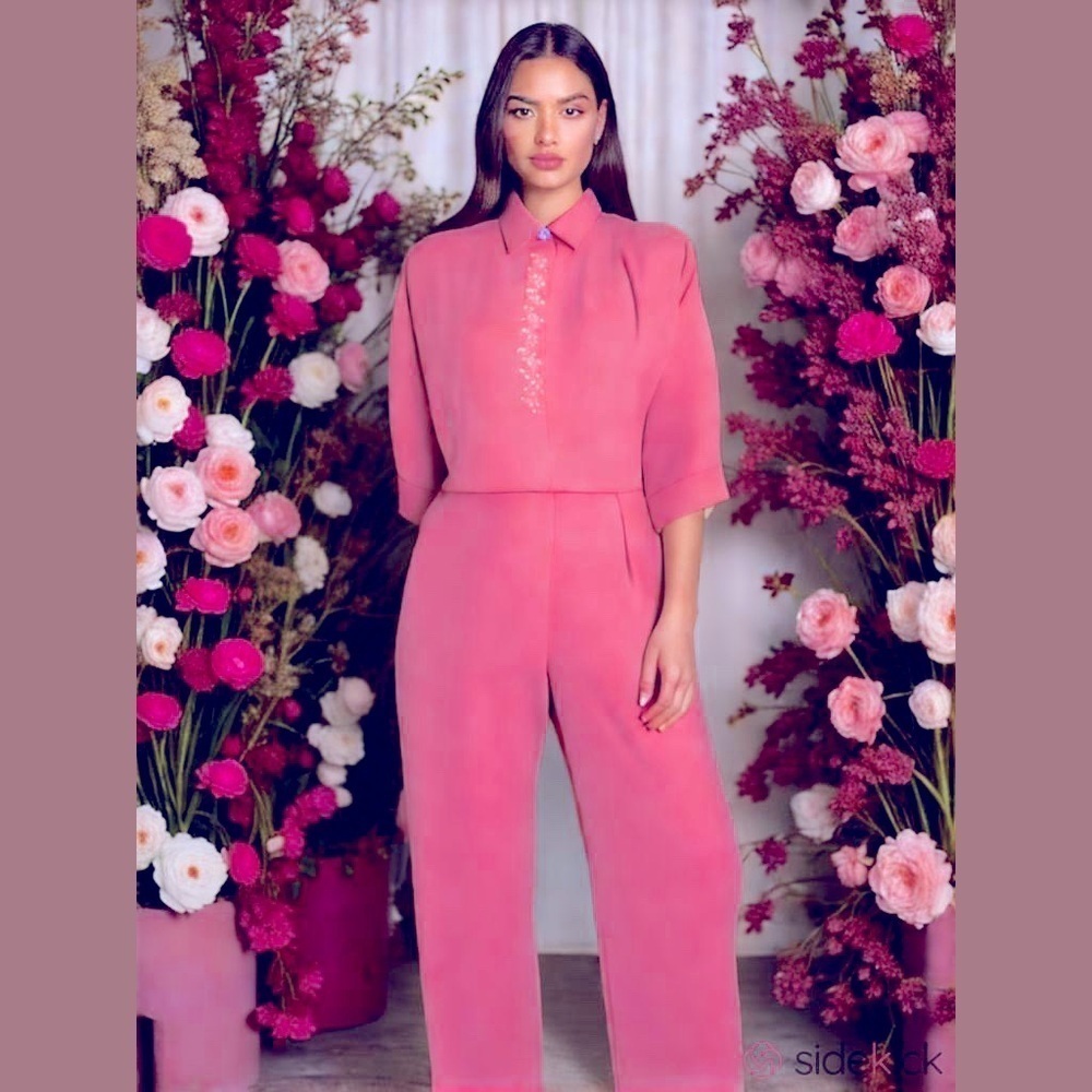 R&M Richards Karen Kwong Jumpsuit Pants Set Nylon Blend Vintage Embroidered